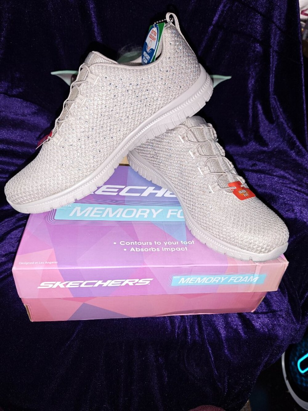 Women's Vegan Rhinestones Skechers Virtue Glamour In Taupe - Size 12W - New